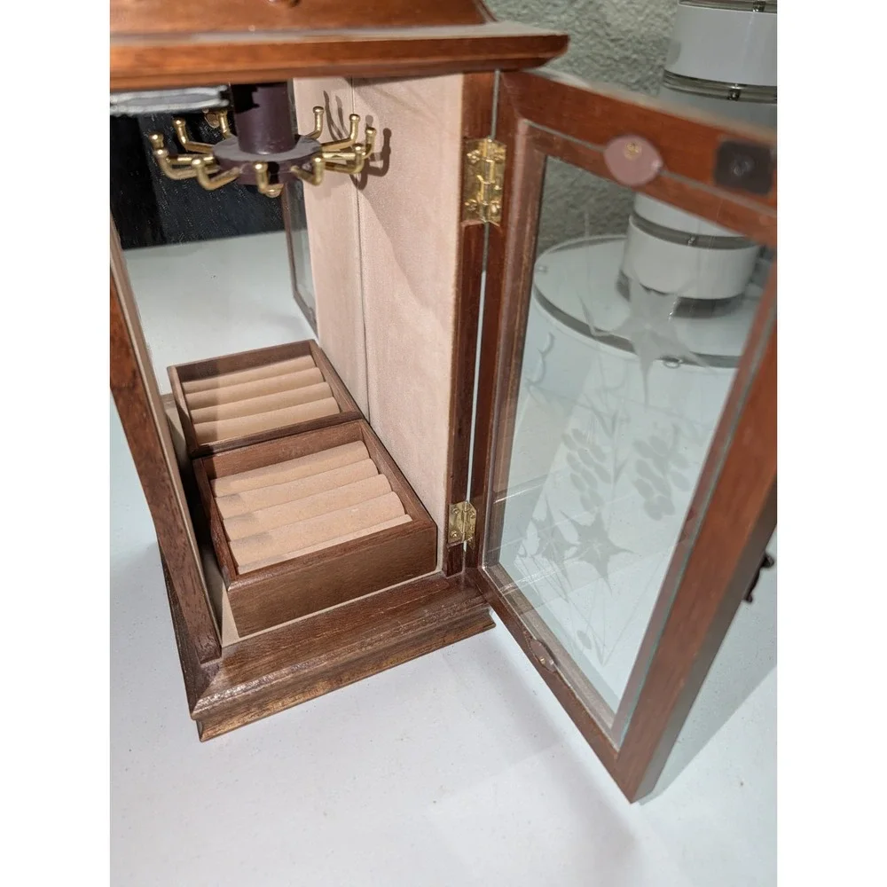 Vintage‎ Wooden Jewelry Cabinet Necklace Ring Etched Glass & Mirror